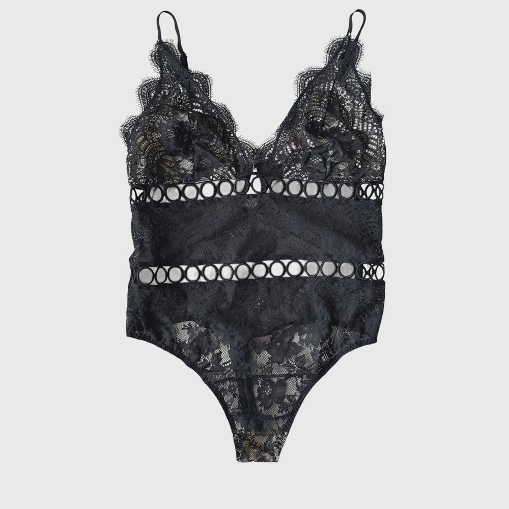 Victoria's Secret Black Lace Cut Out Bodysuit  L Large Gothic Boudoir sexy thong
